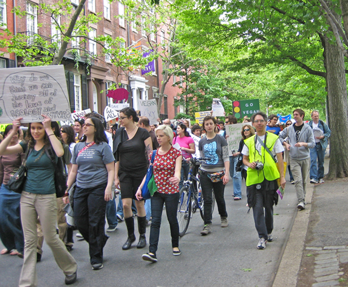Mike Hudak (wearing green vest) at the 2008 Veggie Pride Parade in New York City. Photo by Catherine Gore.