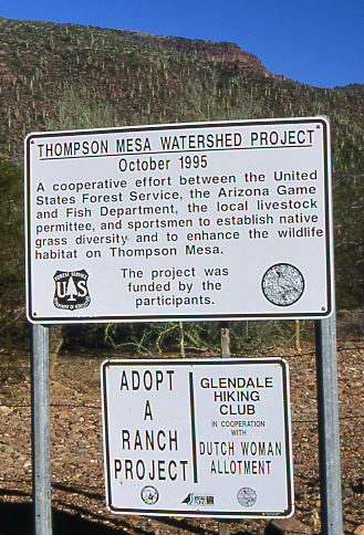 Sign: Thompson Mesa Watershed Project, Tonto National Forest, Arizona. Photo by Mike Hudak.