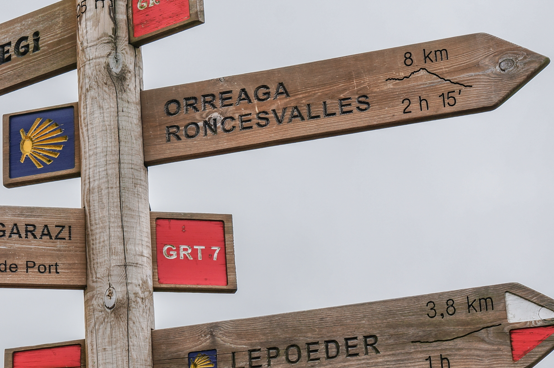 Distance markers in the Pyrenees on the Camino Frances at Frontera-Fuerte, Navarre, Spain | Photo by Mike Hudak