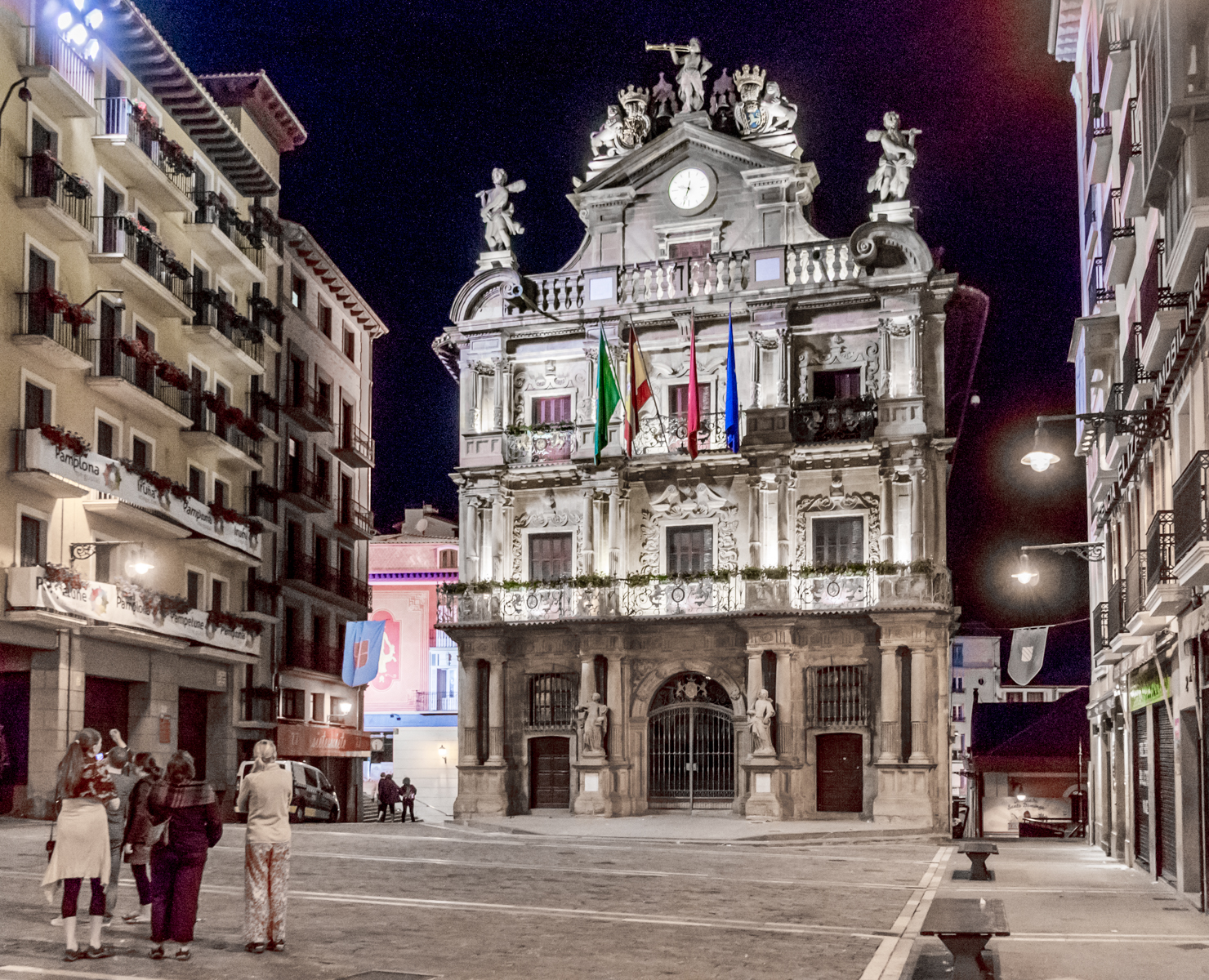 Front of Pamplona Town Hall at night, Pamplona, Spain | Photo by Mike Hudak