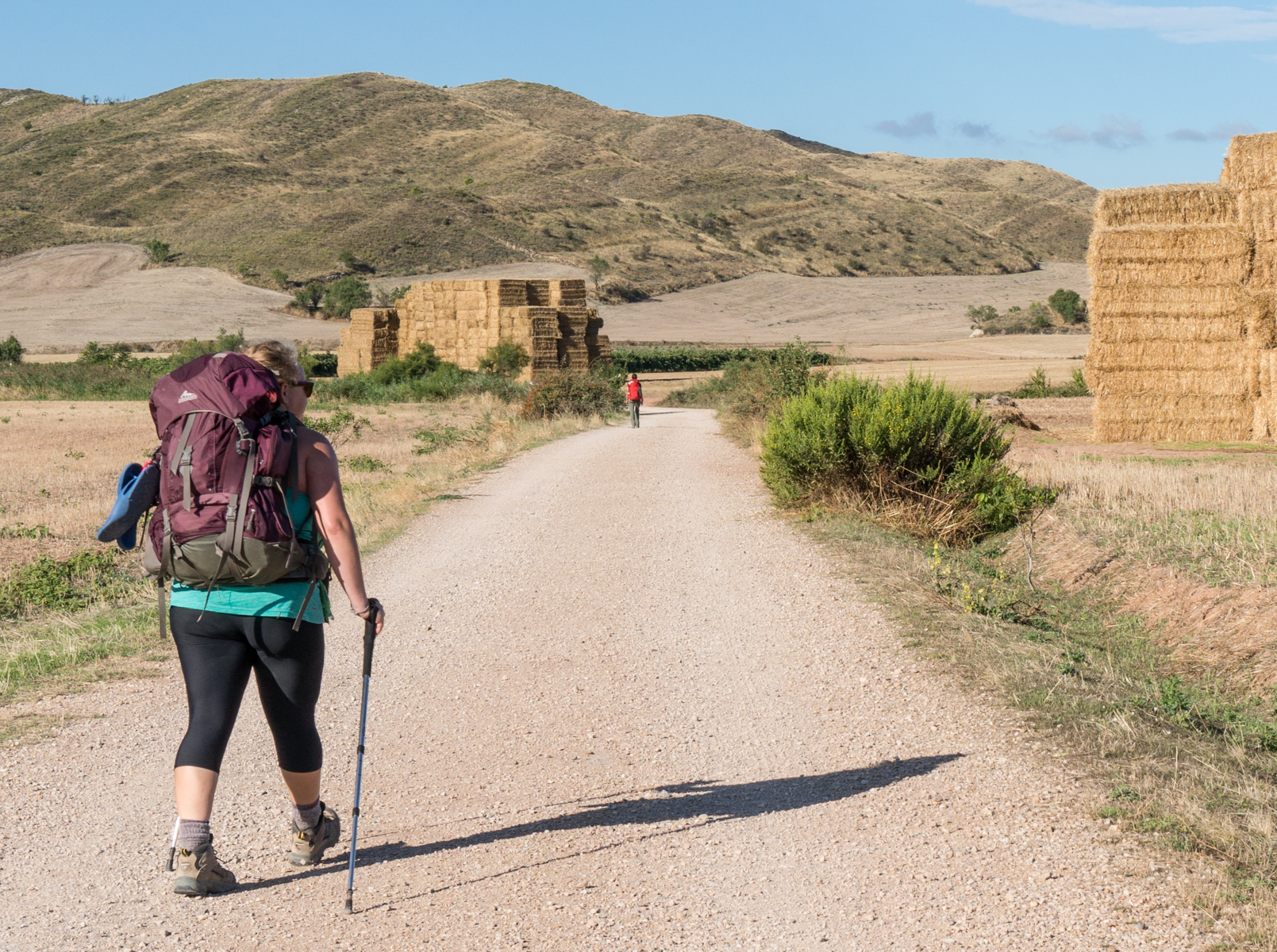 Pilgims on the Camino Francés as it passes between hayed fields approximately 6.5 km west of Villamayor de Monjardín, Spain | Photo by Mike Hudak