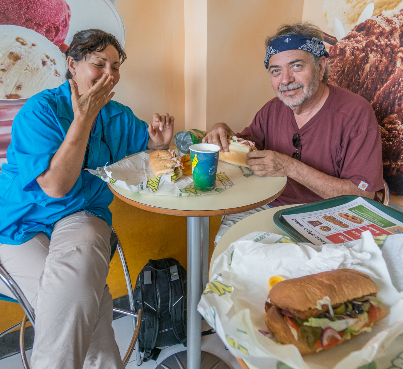 Camino pilgrims enjoy lunch at Subway restaurant in Bilbao, Spain | Photo by Mike Hudak