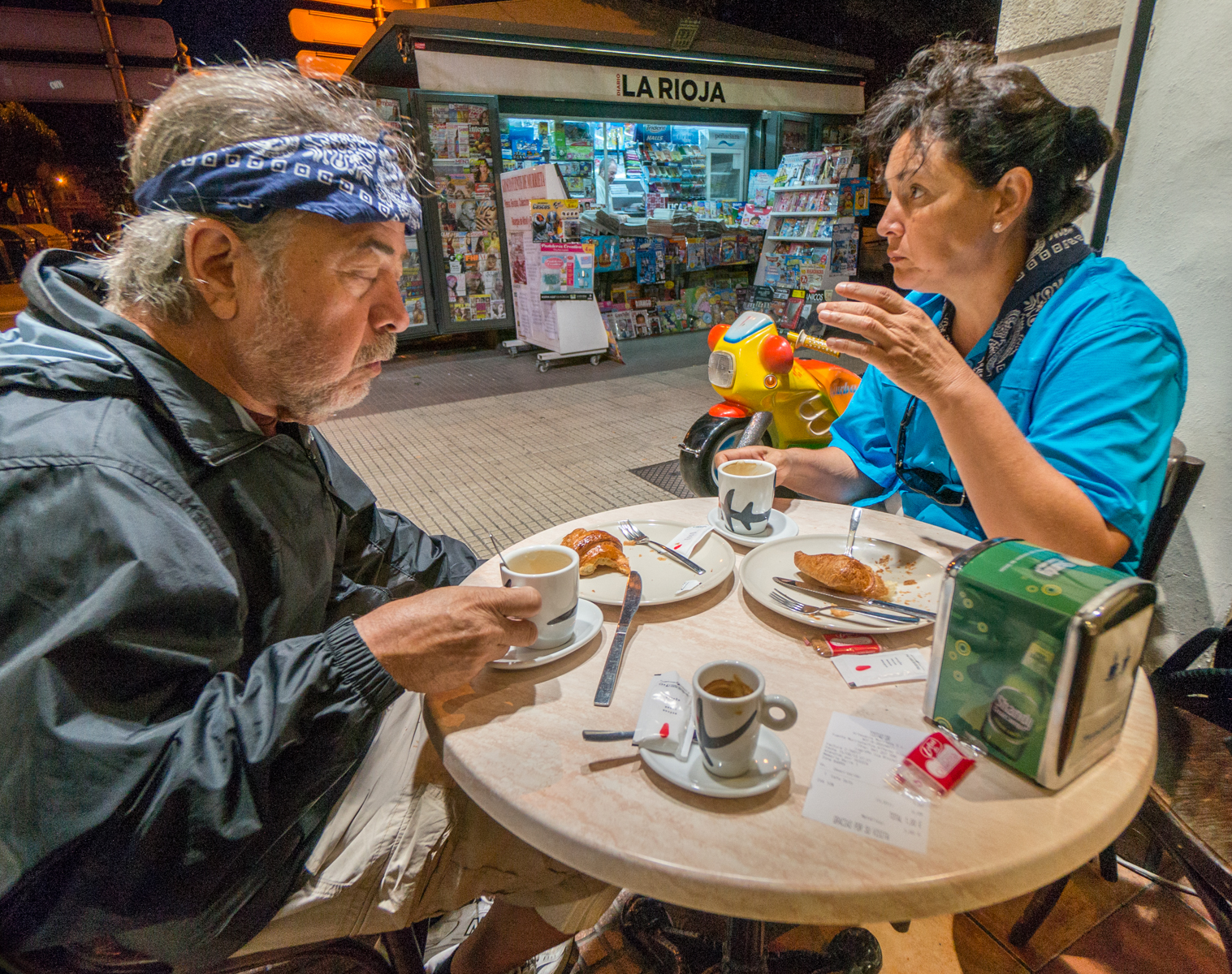 Camino pilgrims stop for early morning coffee and pastry at a café in Logroño, Spain | Photo by Mike Hudak
