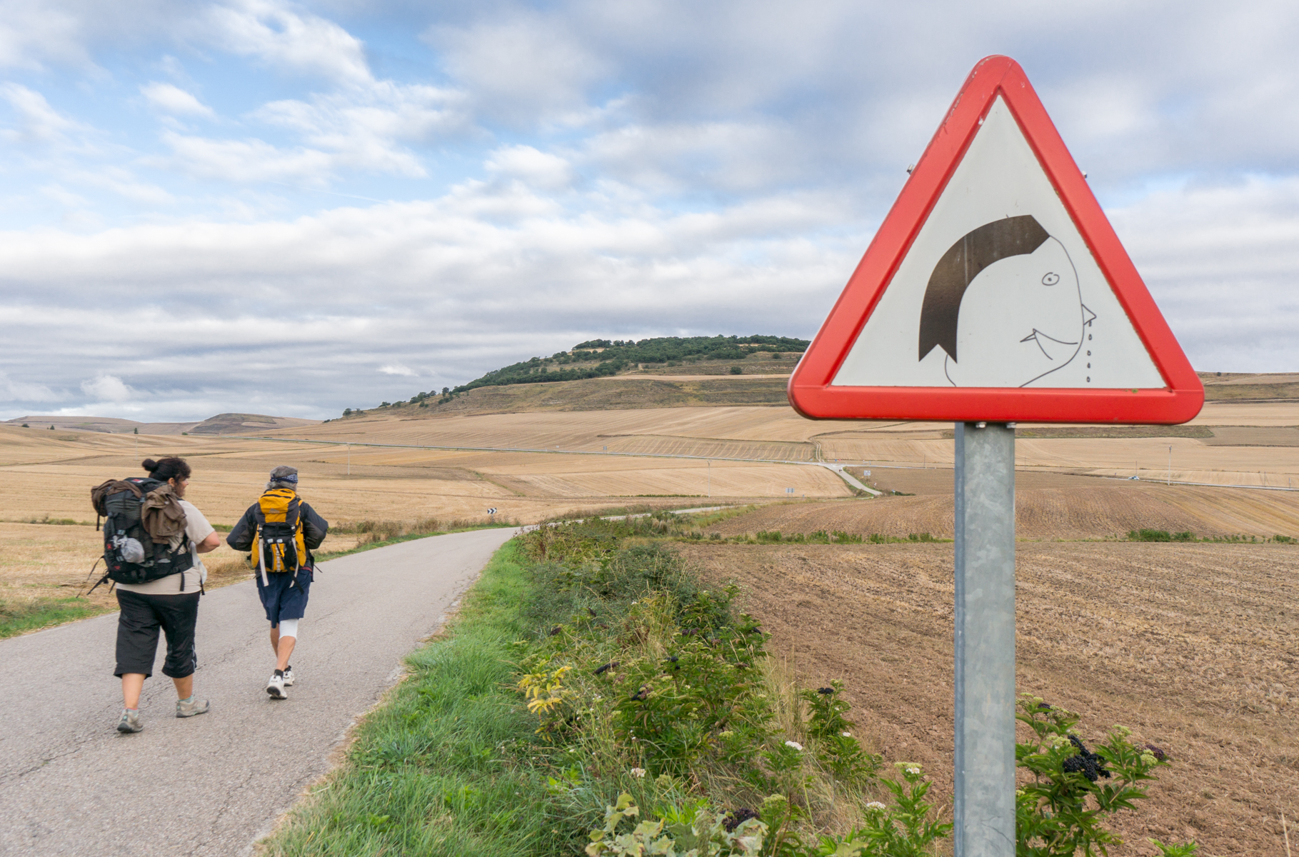 Camino pilgrims walk past a humorously modified traffic sign approximately 0.7 km (0.43 miles) west of Viloria de Rioja, Spain | Photo by Mike Hudak