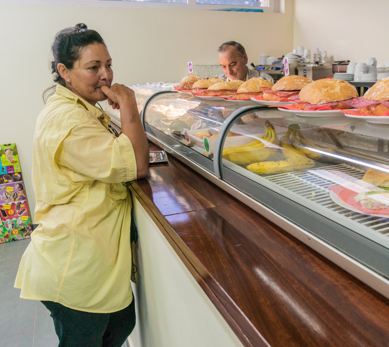 A Camino pilgrim stops for breakfast at Bocateria San Miguel in Cardeñuela  Riopico, Spain.