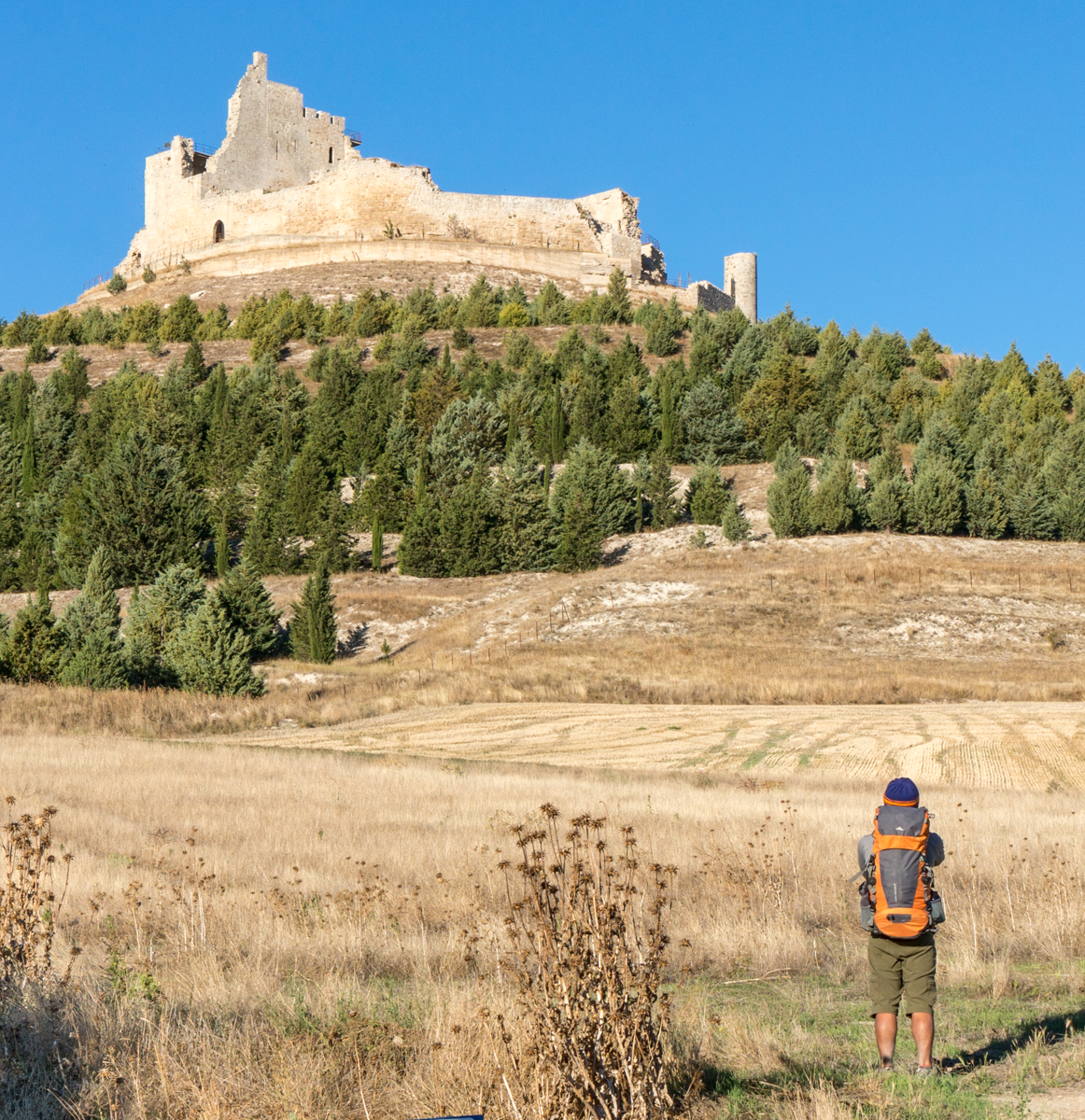 A Camino pilgrim contemplates ruins of the 9th century castle overlooking Castrojeriz, Spain | Photo by Mike Hudak