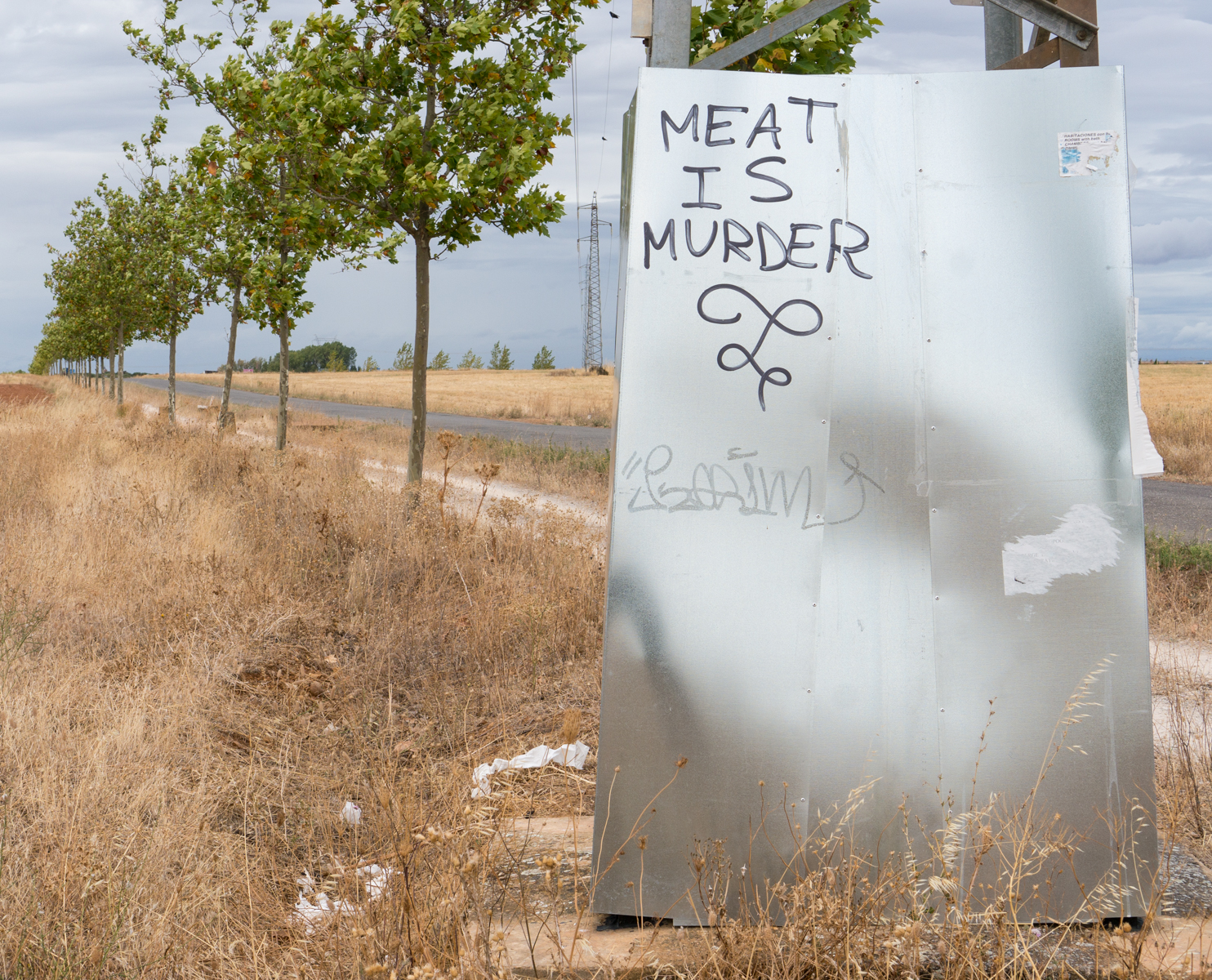 Animal rights graffiti on the Camino Francs west of Sahagun, Spain | Photo by Mike Hudak