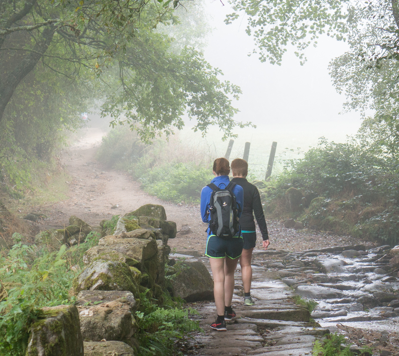 West of Sarria, pilgrims walk on stones placed to elevate the Camino Francs above puddles at this depression in the terrain | Photo by Mike Hudak