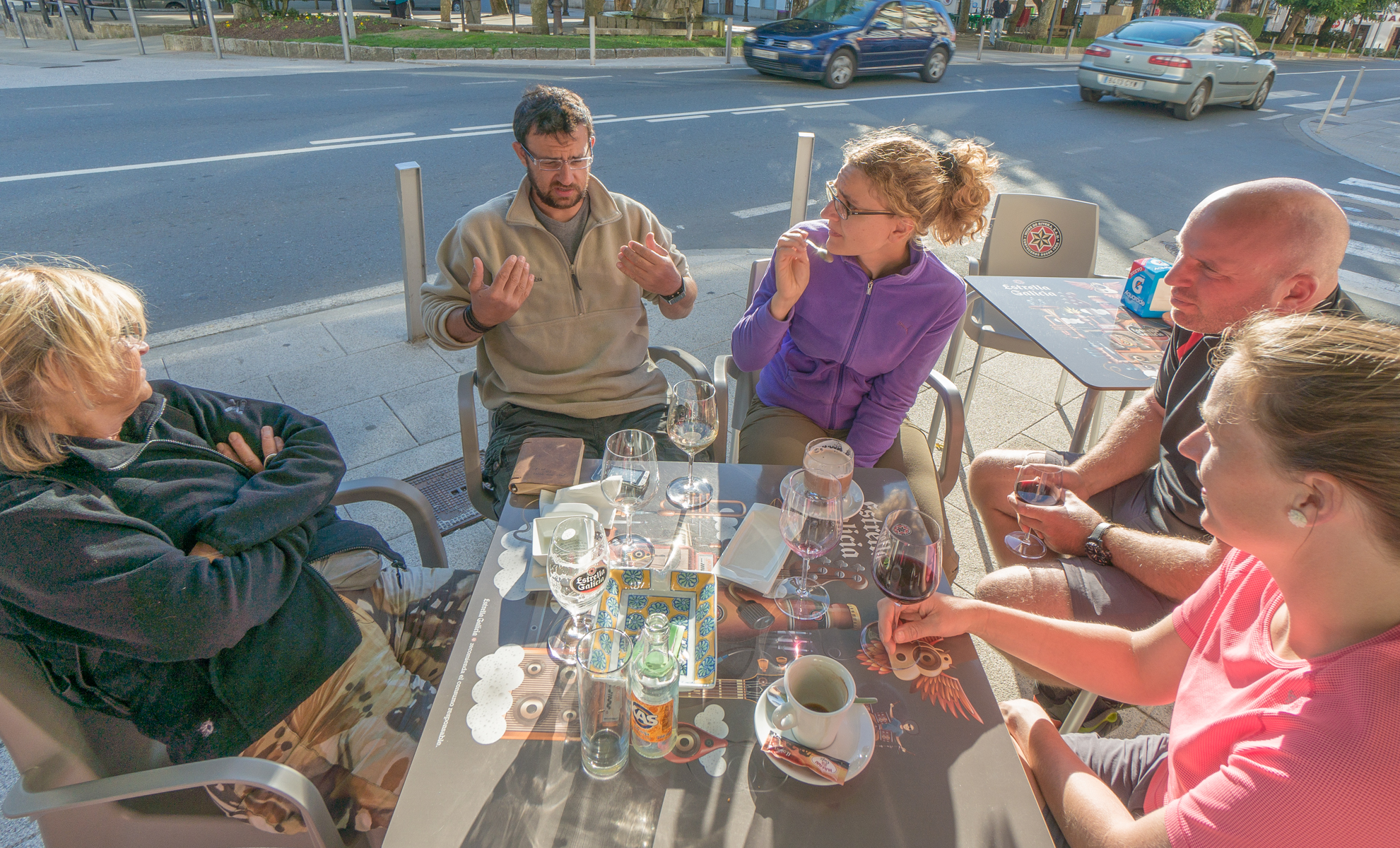 Camino pilgrims gather for drinks and conversation at Caf Teatro in Arza, Spain | Photo by Mike Hudak