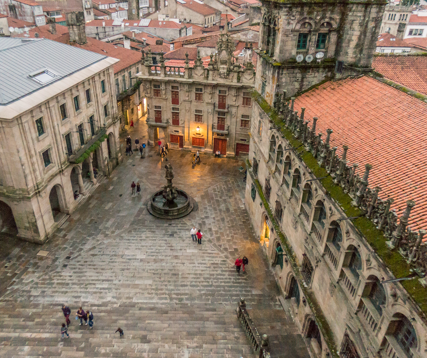 Plaza de las Plateras viewed from roof of south transept of Catedral de Santiago (Spain) | Photo by Mike Hudak