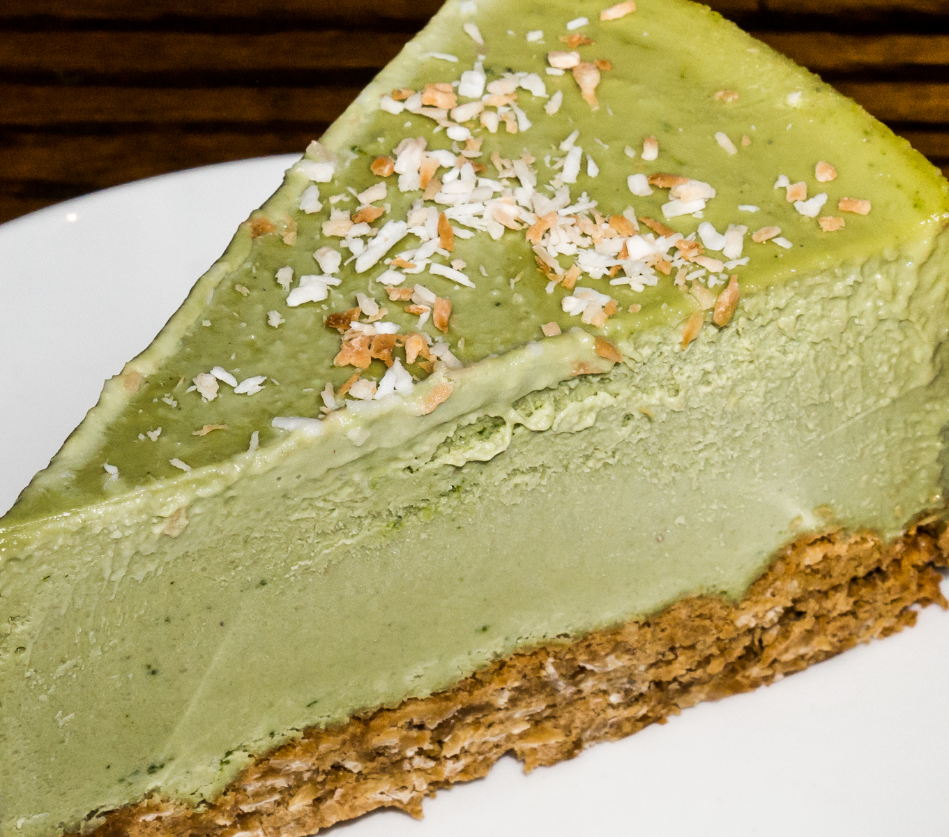 Matcha Green Tea Coconut Vegan Cheesecake at LuAnne’s Wild Ginger All-Asian Vegan Restaurant, 380 Broome St, Manhattan, NYC | Photo by Mike Hudak