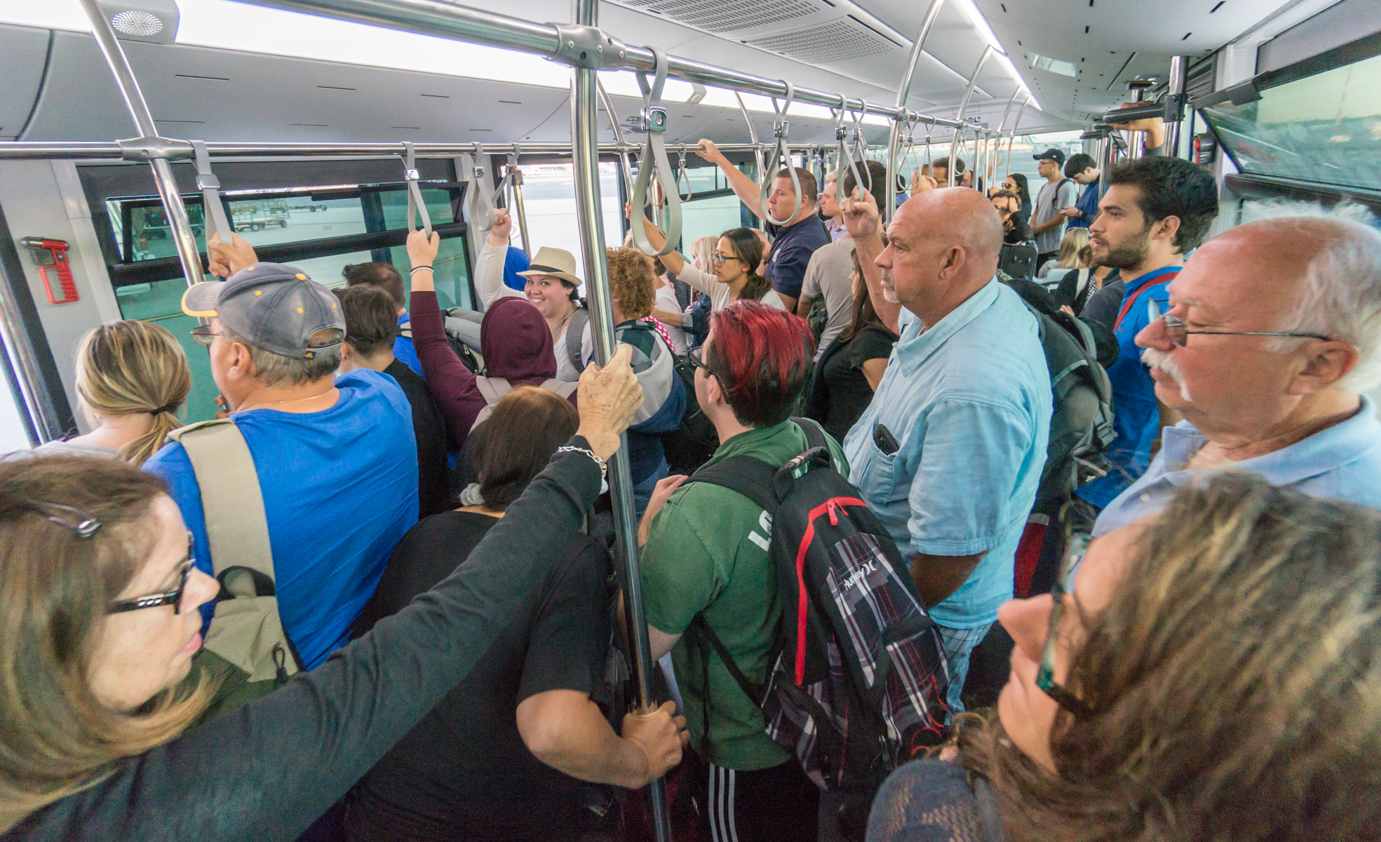 Inside a plane-to-terminal shuttle at Aeroporto Internazionale di Roma-Fiumicino (Italy) | Photo by Mike Hudak