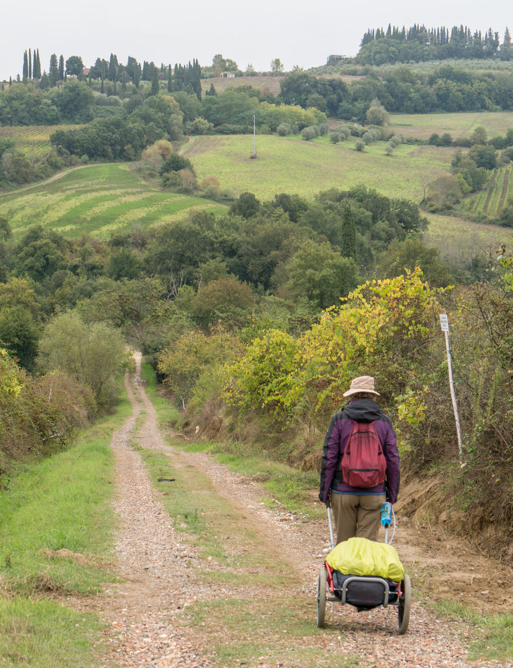 Pilgrim on the Via Francigena in Tuscana (Italy) south of the farm Casanuova | Photo by Mike Hudak